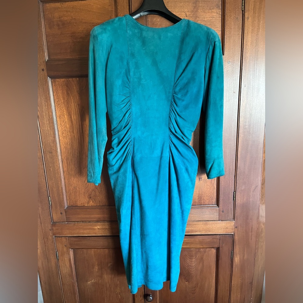 Vintage Vakko Blue Leather Long Sleeve Sheath Dress